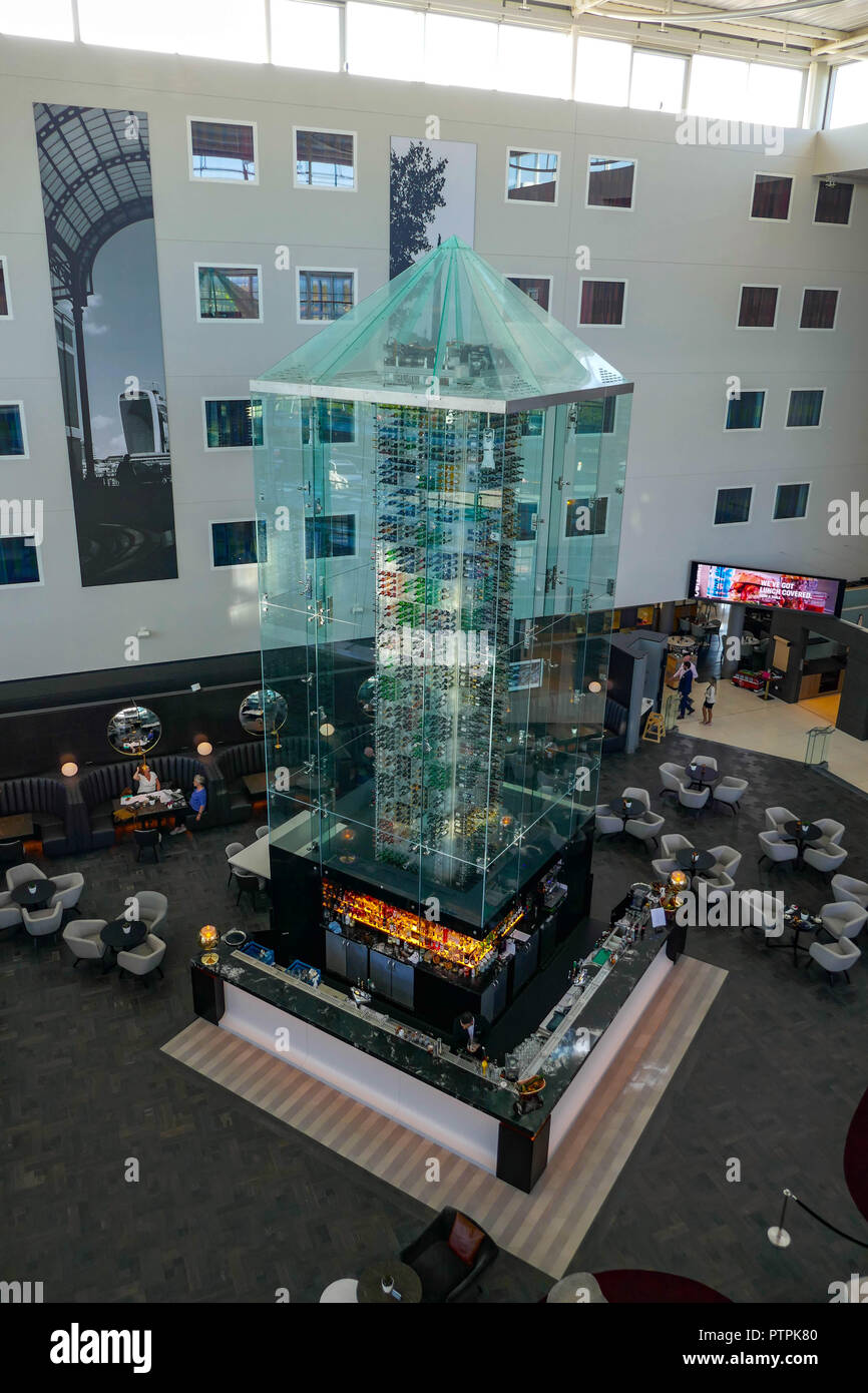 Wine tower and bar, Inside Radisson hotel, London, Stansted airport Stock Photo