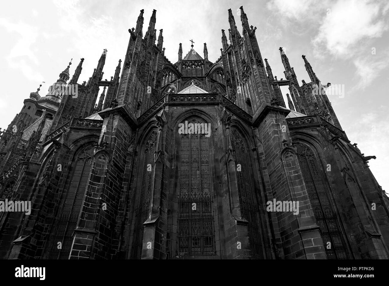 Facade of the main entrance to the St. Vitus cathedral in Prague Castle in Prague, Czech Republic. Black and white. Stock Photo