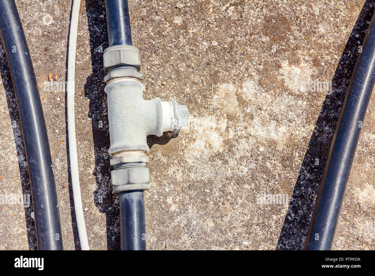 Few black plastic water hoses with bifurcation part are placed on concrete floor Stock Photo Alamy