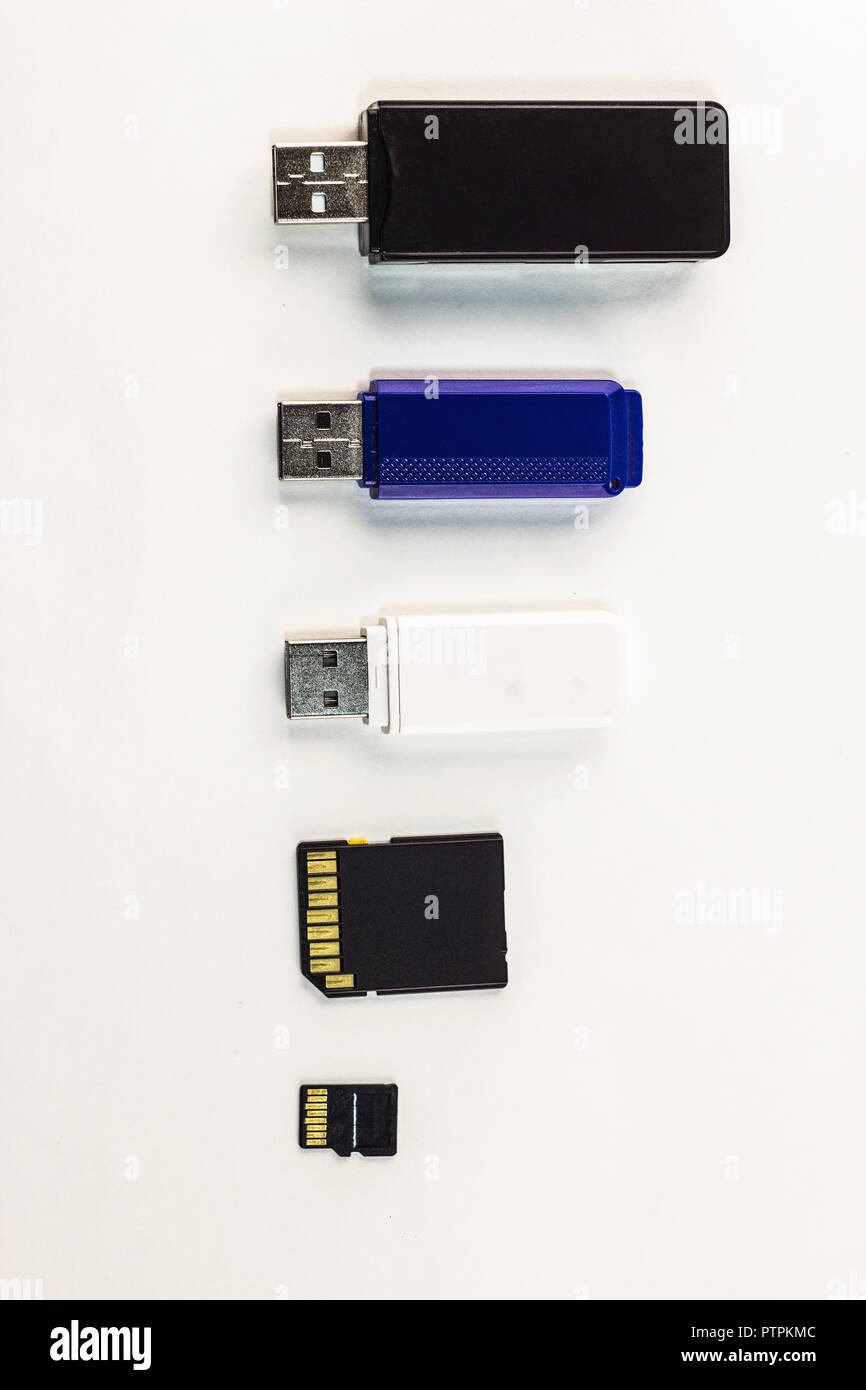 usb flash drives of different sizes on a white background Stock Photo