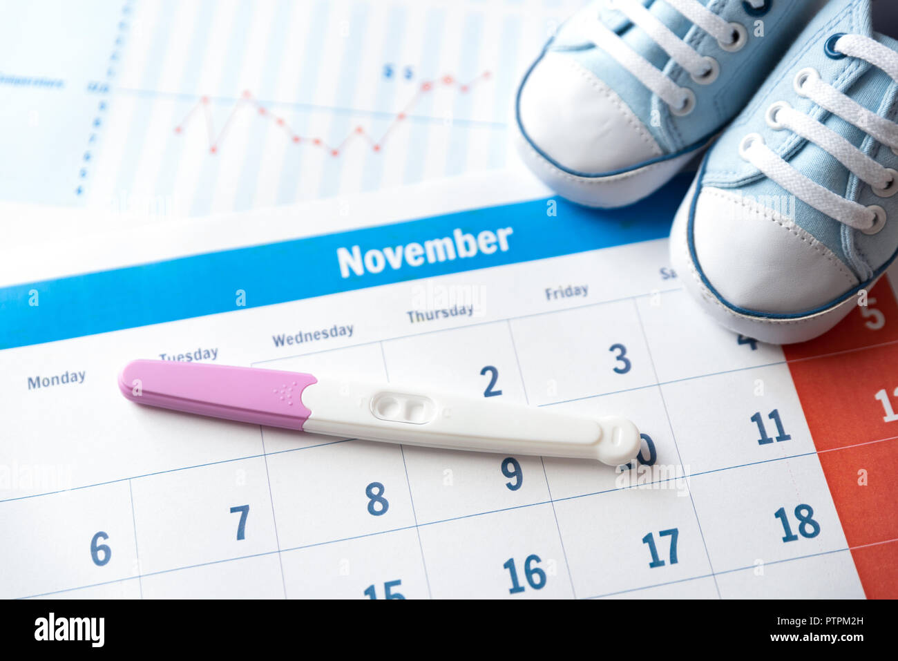 Pregnancy test on calendar. Expect a baby concept Stock Photo