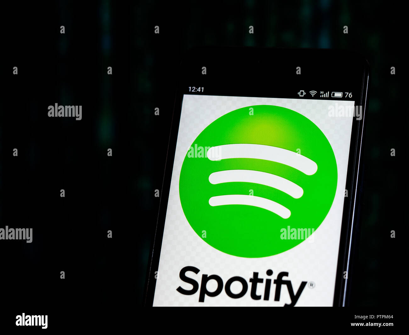 Spotify logo seen displayed on smart phone. Spotify Technology S.A. is