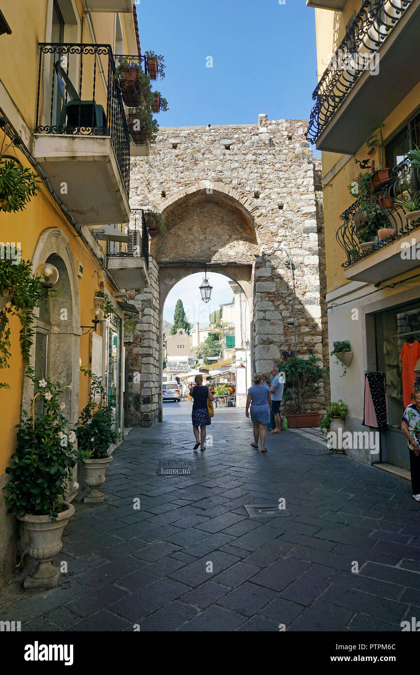 Porta Catania, south entrance of the historical center, old town of Taormina, Sicily, Italy Stock Photo
