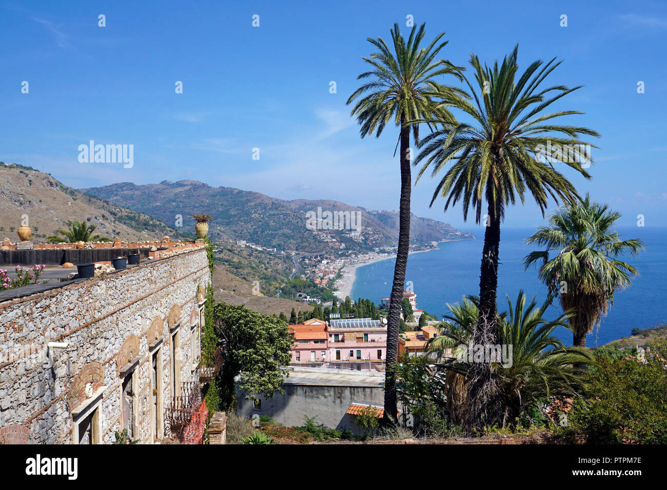 Splendid view from Taormina to the beach of Mazzeo, Sicily, Italy Stock Photo