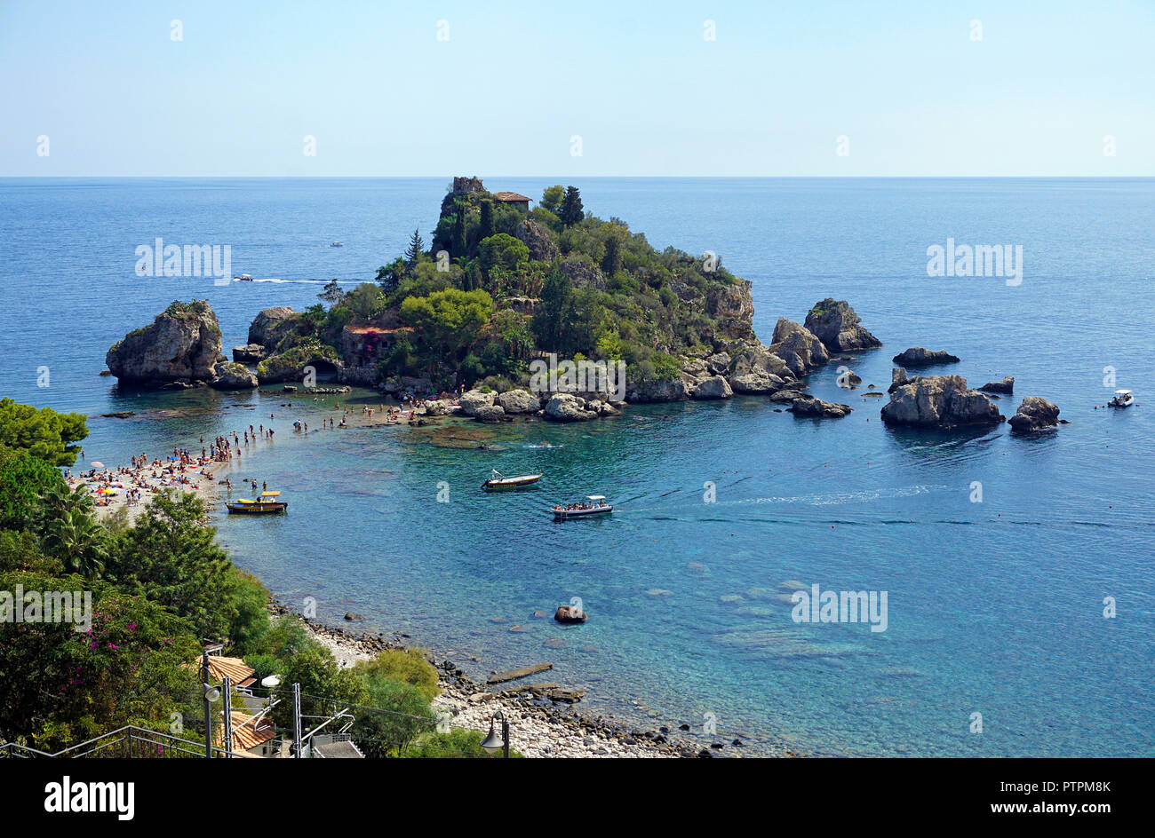 Isola Bella, beautiful tiny island and one of the landmarks of Taormina, Sicily, Italy Stock Photo