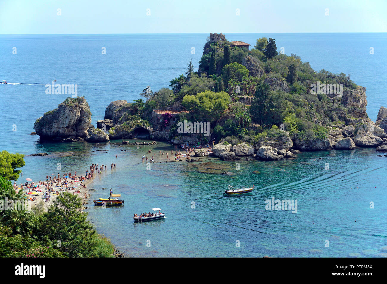 Isola Bella, beautiful tiny island and one of the landmarks of Taormina, Sicily, Italy Stock Photo
