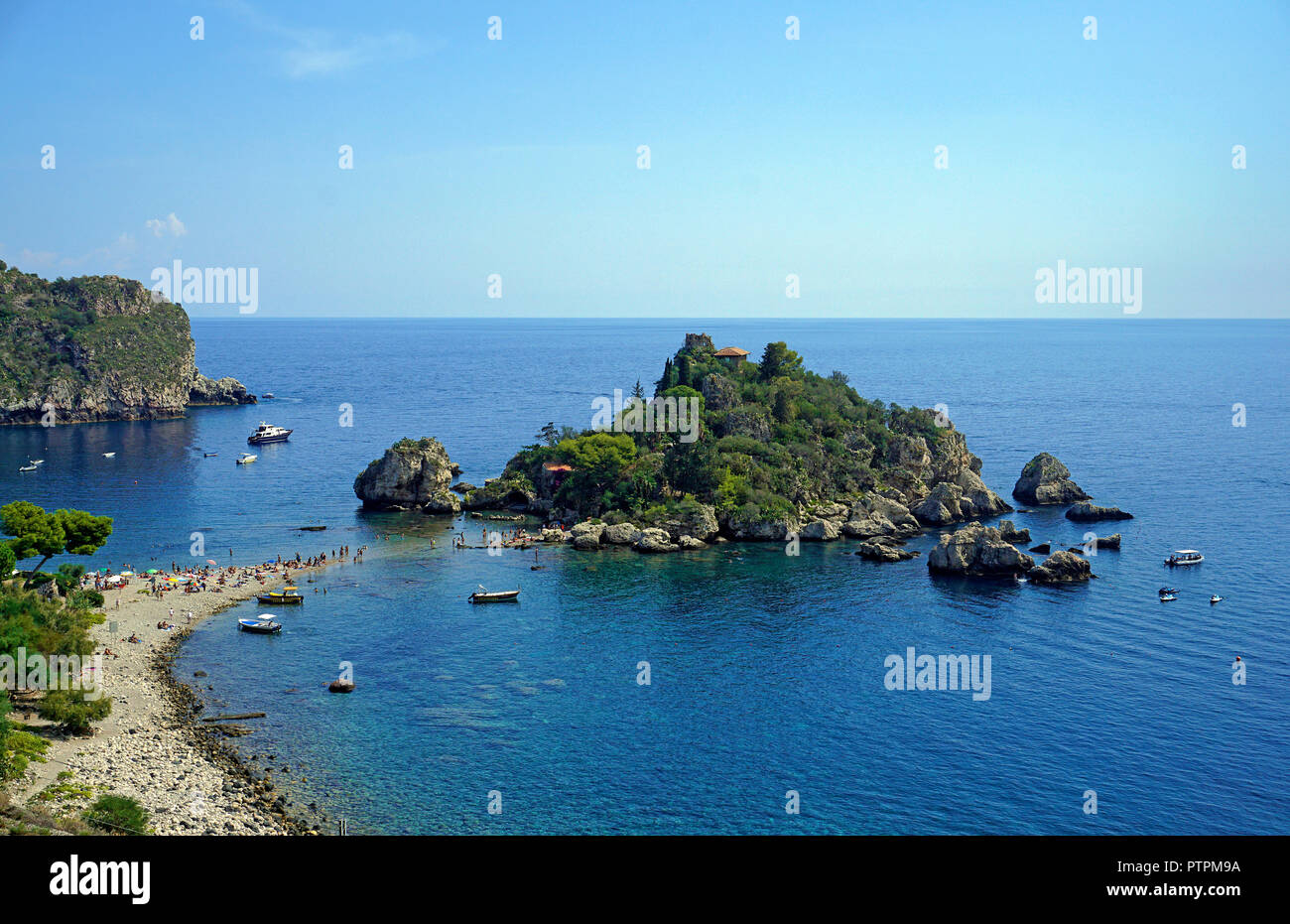 Isola Bella, beautiful tiny island and one of the landmarks of Taormina, Sicily, Italy Stock Photo