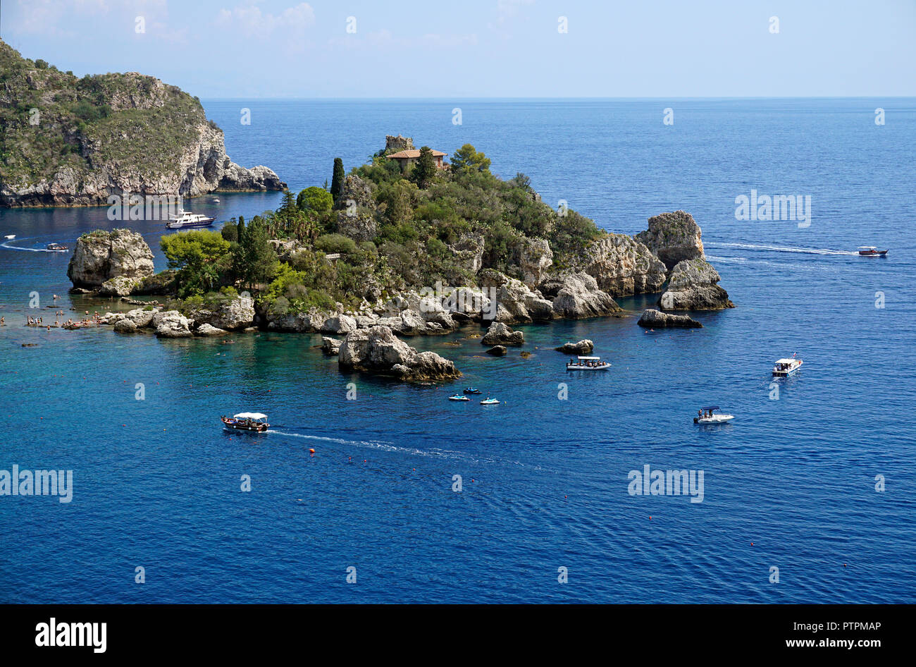 Isola Bella, beautiful tiny island and one of the landmarks of Taormina, Sicily, Italy Stock Photo