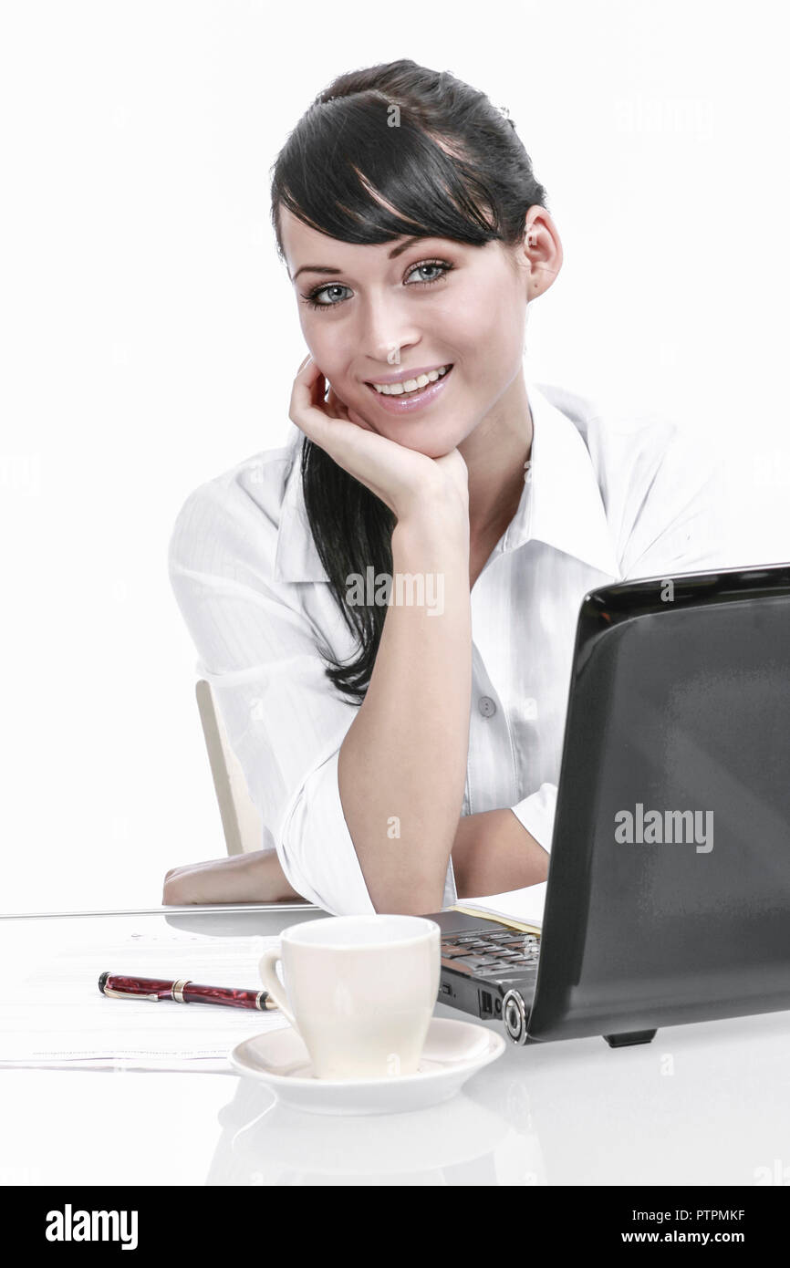 frau, jung, dunkle, lange, haare, innen, erwachsene, zufrieden, gluecklich, gelassenheit, arbeitsplatz, beschaeftigung, buero, business, businessfrau, Stock Photo