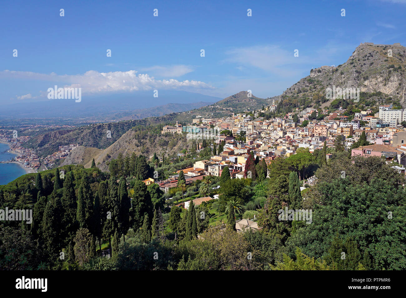 Splendid view from the ancient greek-roman theatre to Taormina, Sicily, Italy Stock Photo