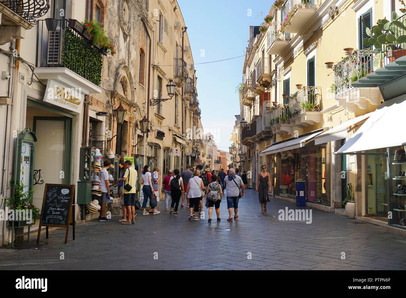 Corso Umberto I, main road and shopping mile of the old town of Taormina, Sicily, Italy Stock Photo