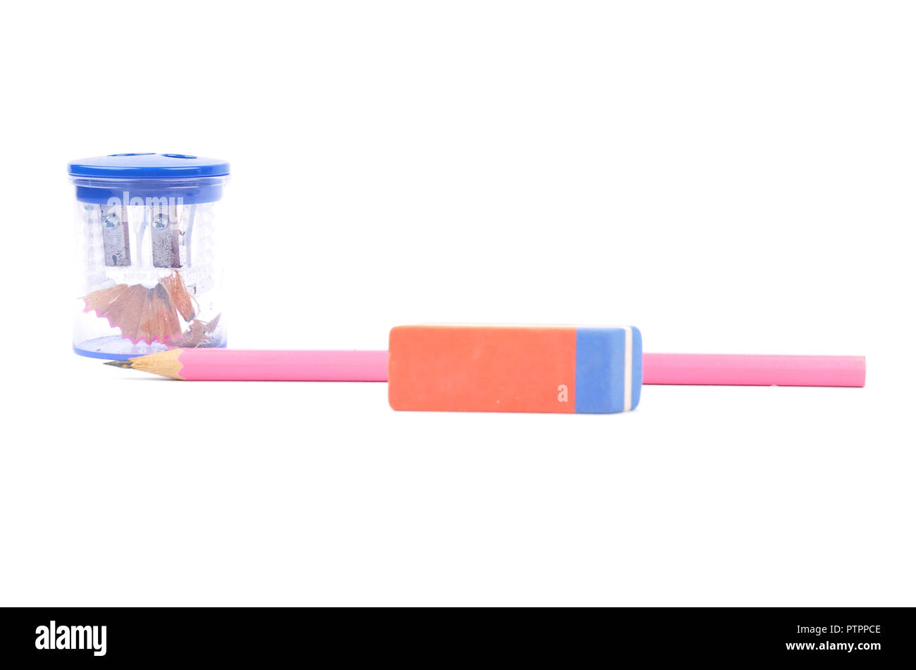 Pencil, eraser and sharpener on white Stock Photo
