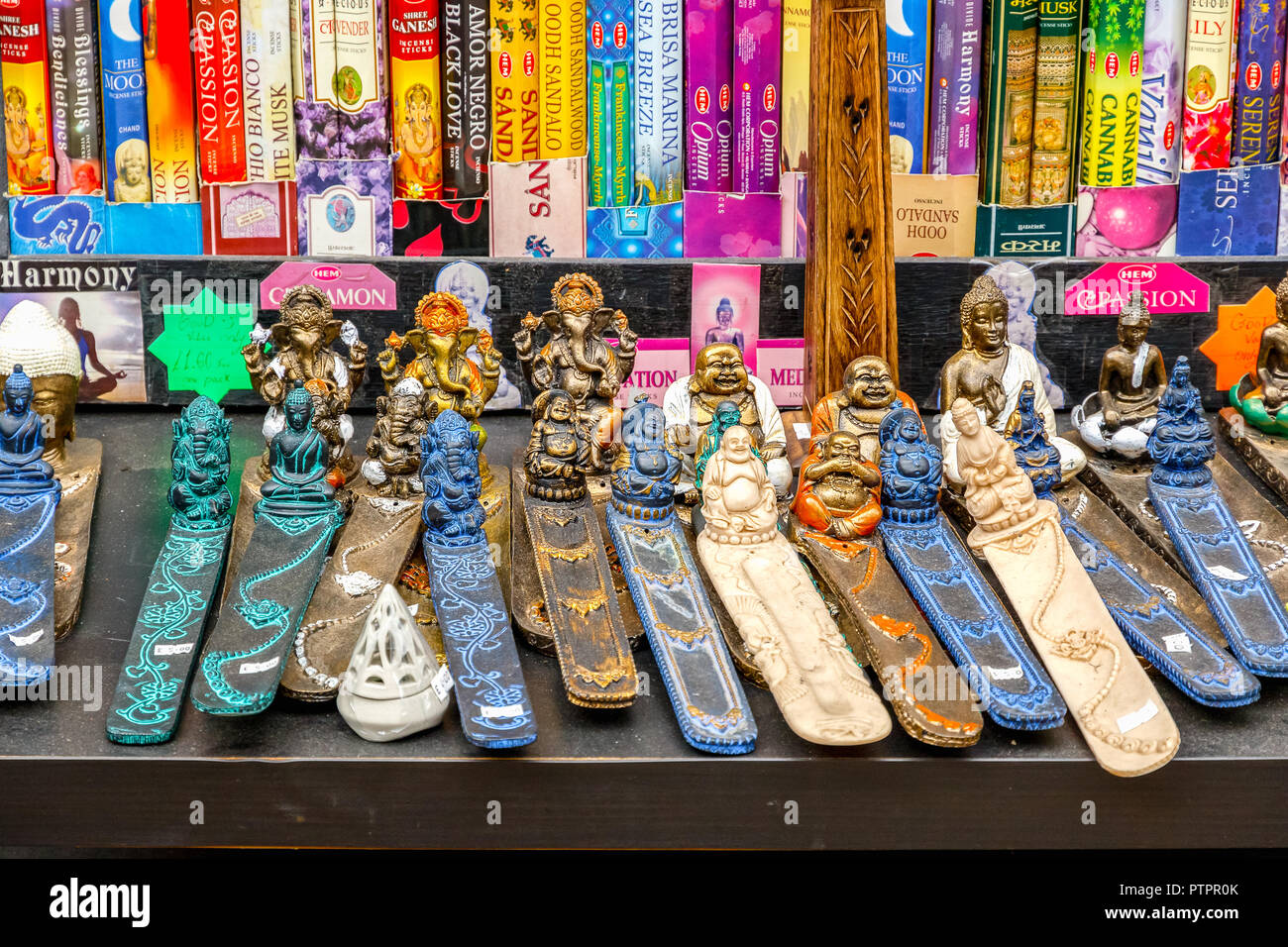 London, UK - September 1, 2018 - Variety of incense holders in Hindu and Buddhist styles on display at Camden Market Stock Photo