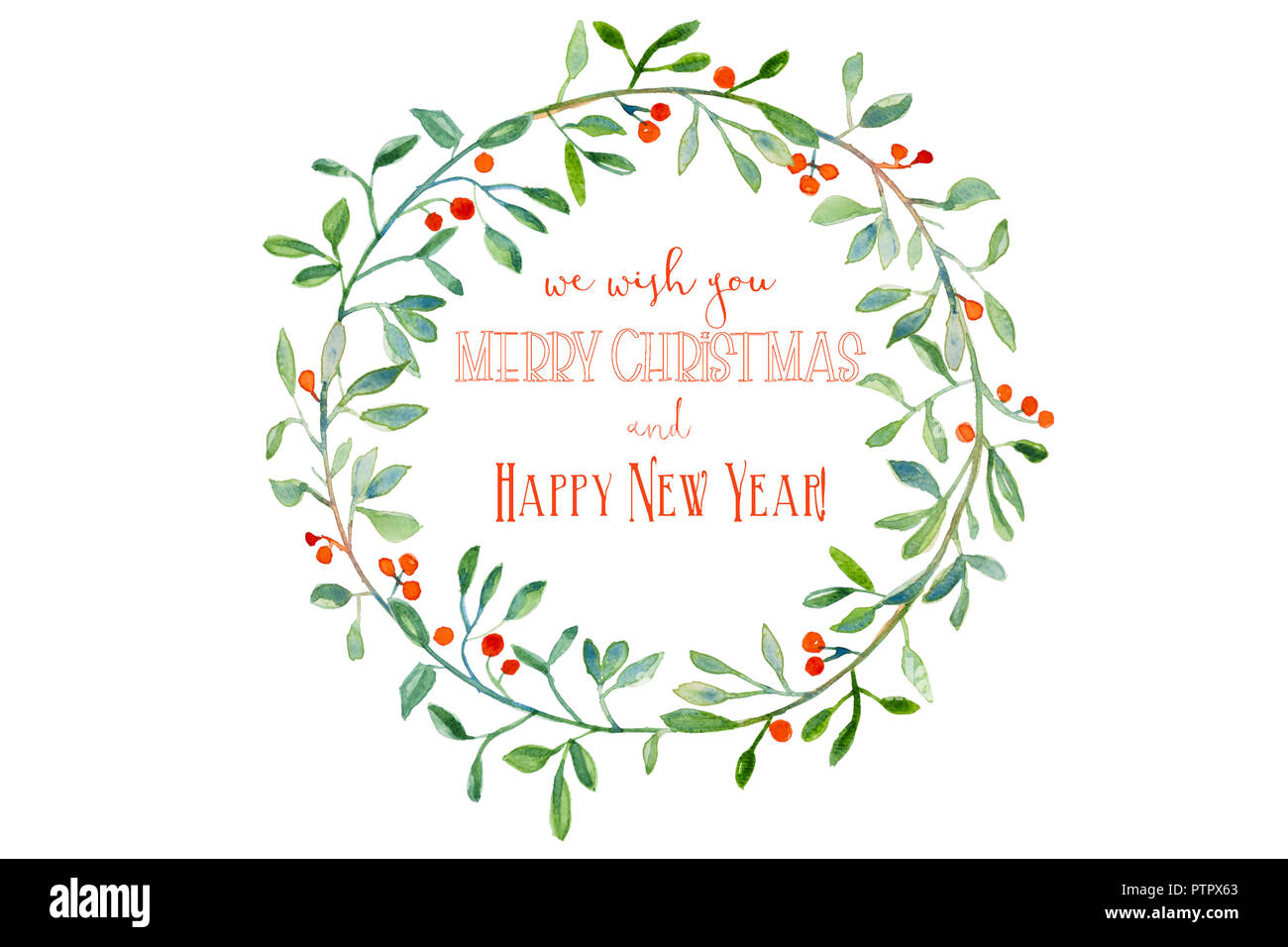Watercolor Christmas wreath with branches and red berries with greeting ...