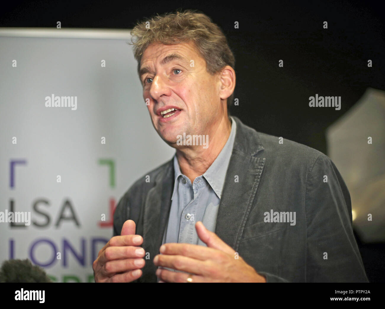 Tim Bevan speaks to media at the opening of the London Screen Academy (LSA) at Screen on the Green cinema, London. Stock Photo