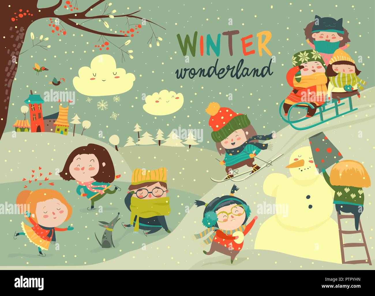 Happy cute kids playing winter games. Hello winter Stock Vector