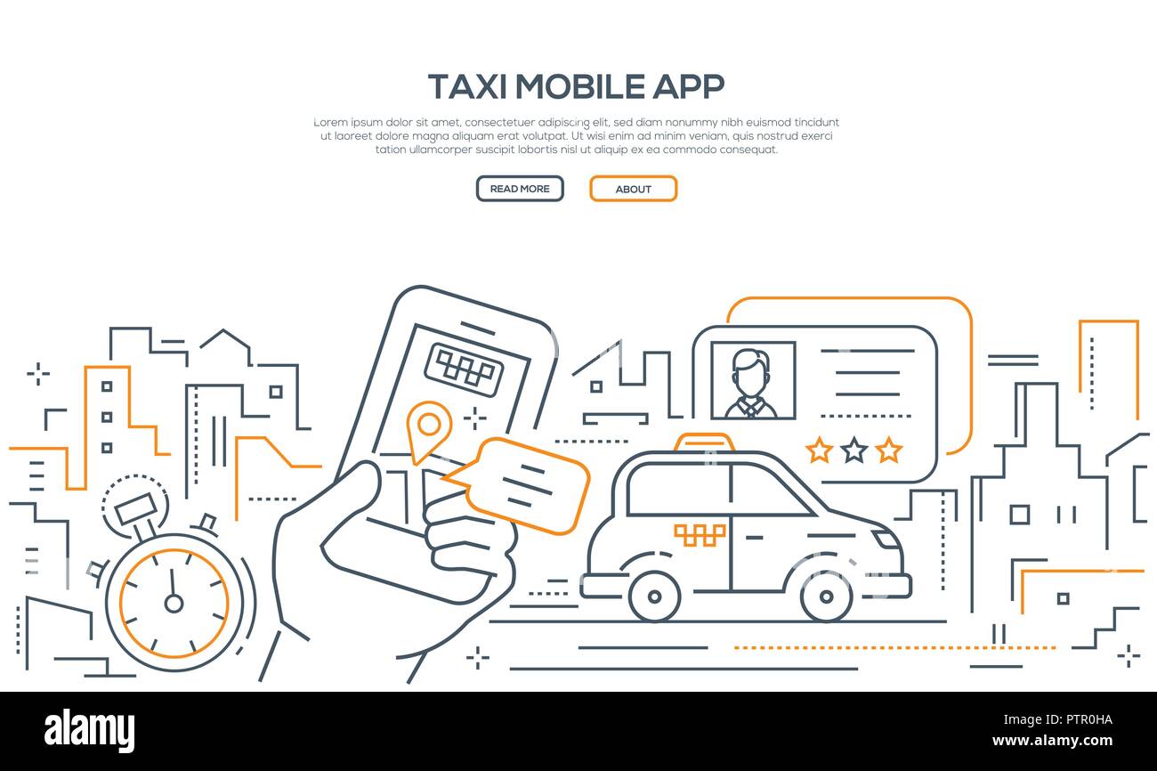 Taxi Mobile App Modern Line Design Style Banner On White