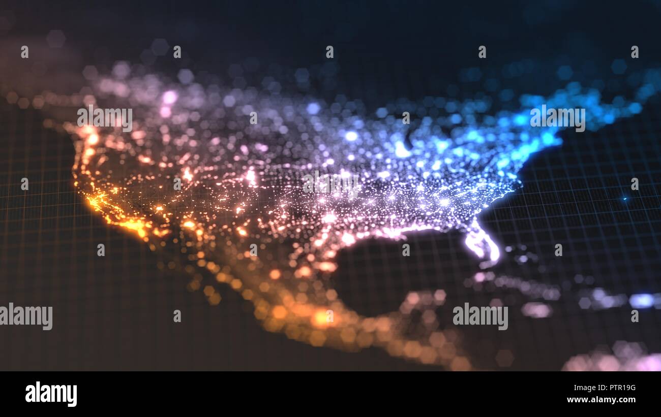 Human Population Density - Dark Earth Map With Glowing Details Of City And Human Population Density Areas Wiew Of America 3d Illustration PTR19G 