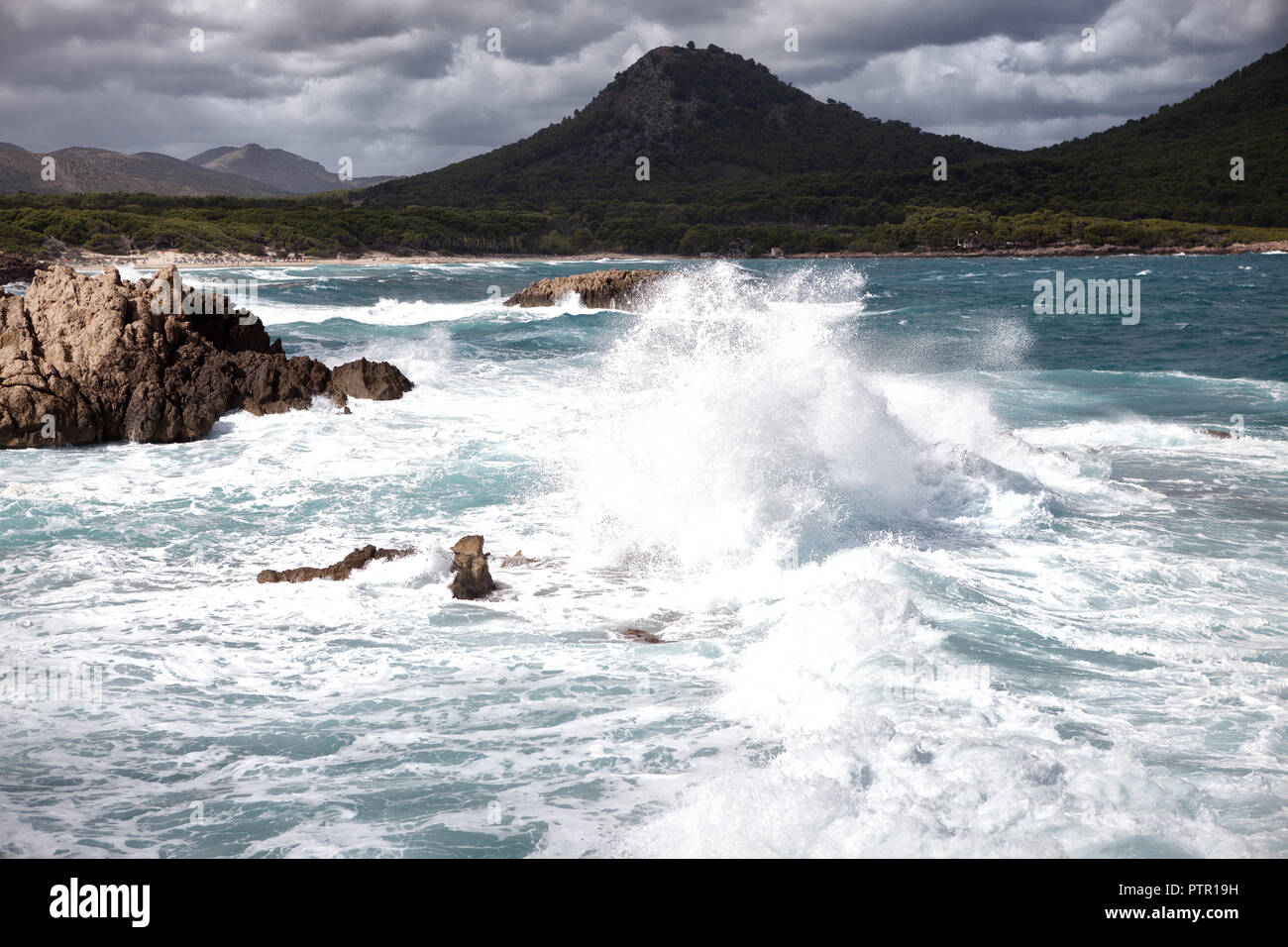 Storm Waves of Cala Agulla Europe Spain Coast near Cala Rajada, strong storm with high swell Stock Photo