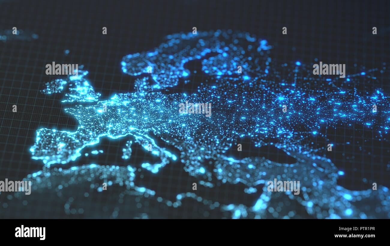 dark earth map with glowing details - Dark Earth Map With Glowing Details Of City And Human Population Density Areas Wiew Of Europa 3d Illustration PTR1PR 