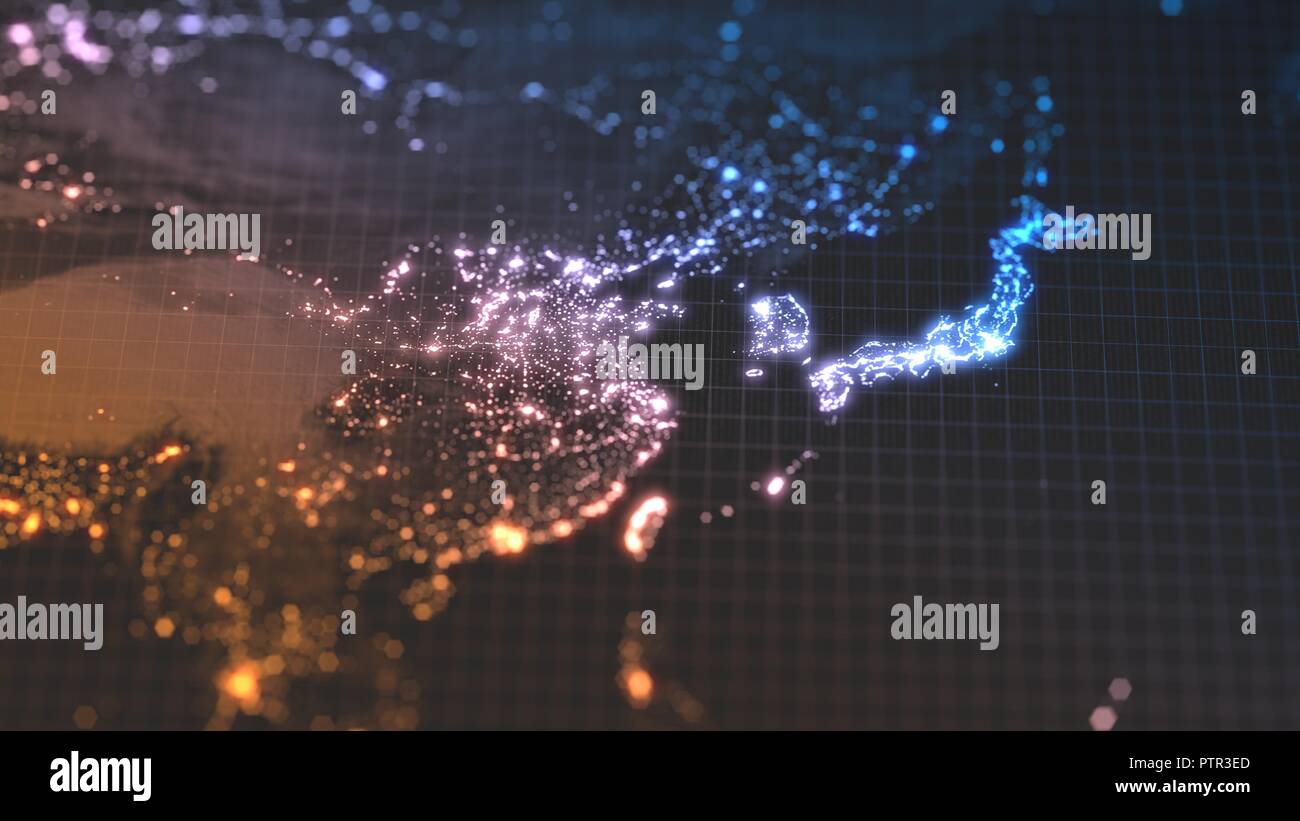 dark earth map with glowing details - Dark Earth Map With Glowing Details Of City And Human Population Density Areas Wiew Of Asia 3d Illustration PTR3ED 