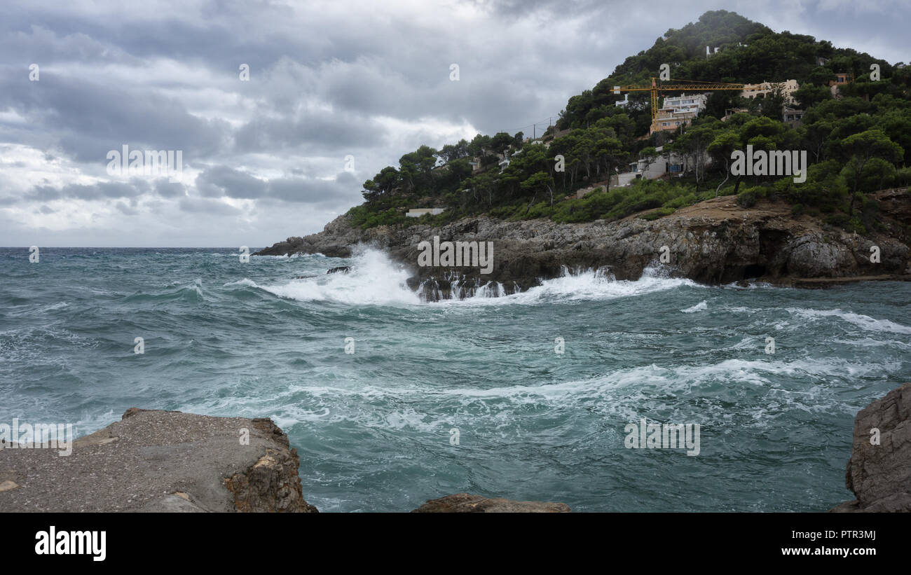 Europe Spain Mallorca - strong storm in the east, high waves hit the coast, storm Stock Photo