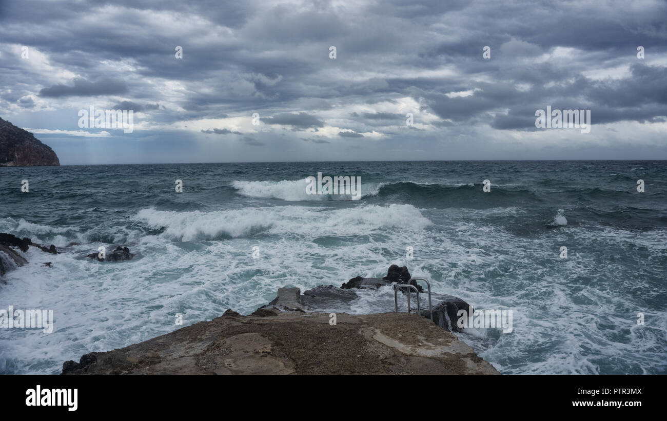 Europe Spain Mallorca - strong storm in the east, high waves hit the coast, storm, waves Stock Photo