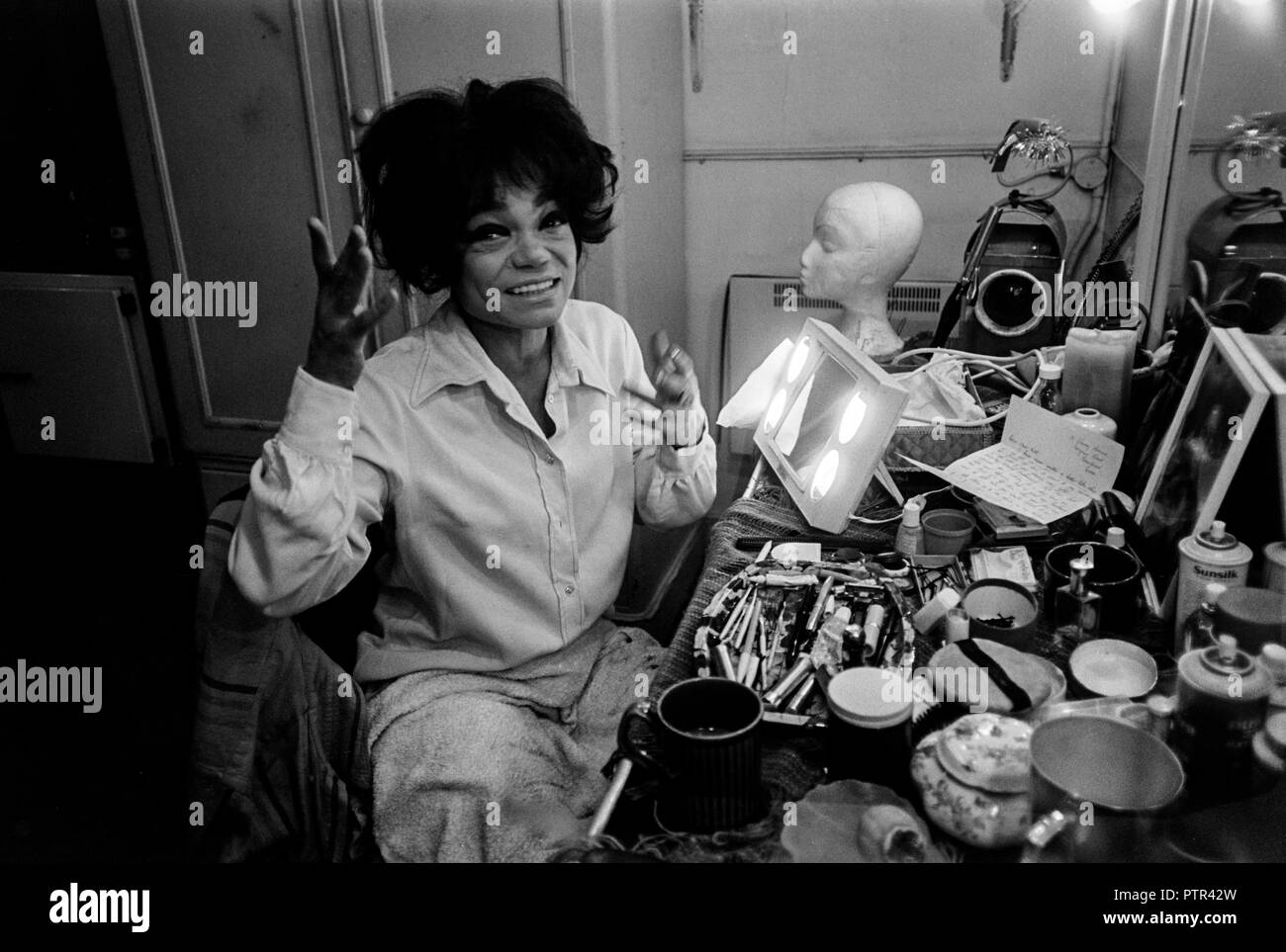 American singer and actress Eartha Kitt in her dressing-room at The Criterion Theatre, London where she played in The High Bid in the early 70s Stock Photo