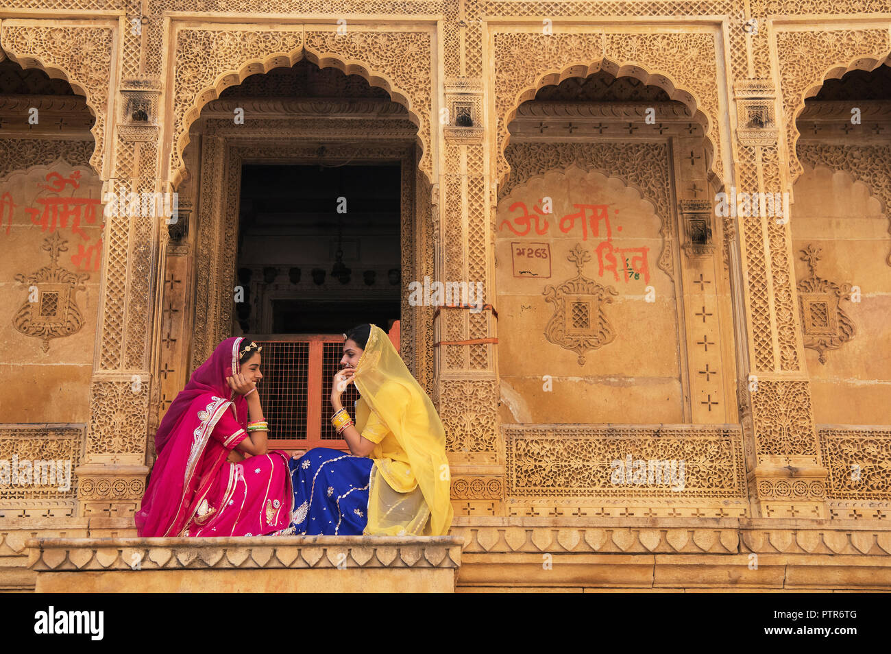 The image of Rajasthani Ladies at teple in, Jaisalmer, Rajasthan, India Stock Photo