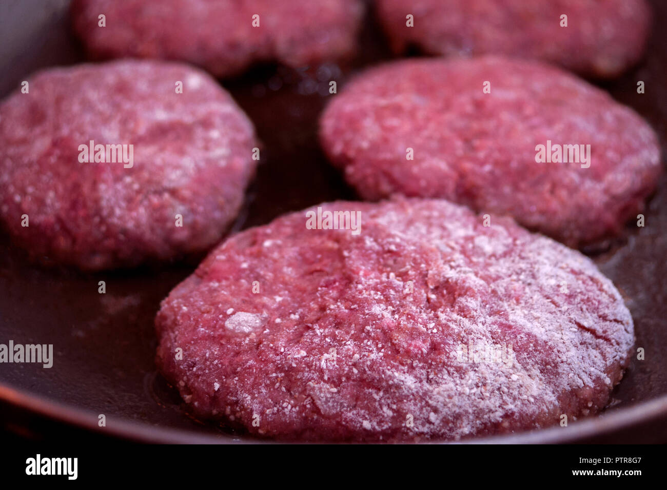 Mince Organic Meat Burger Patties. Cooking In Frying Pan Stock Photo