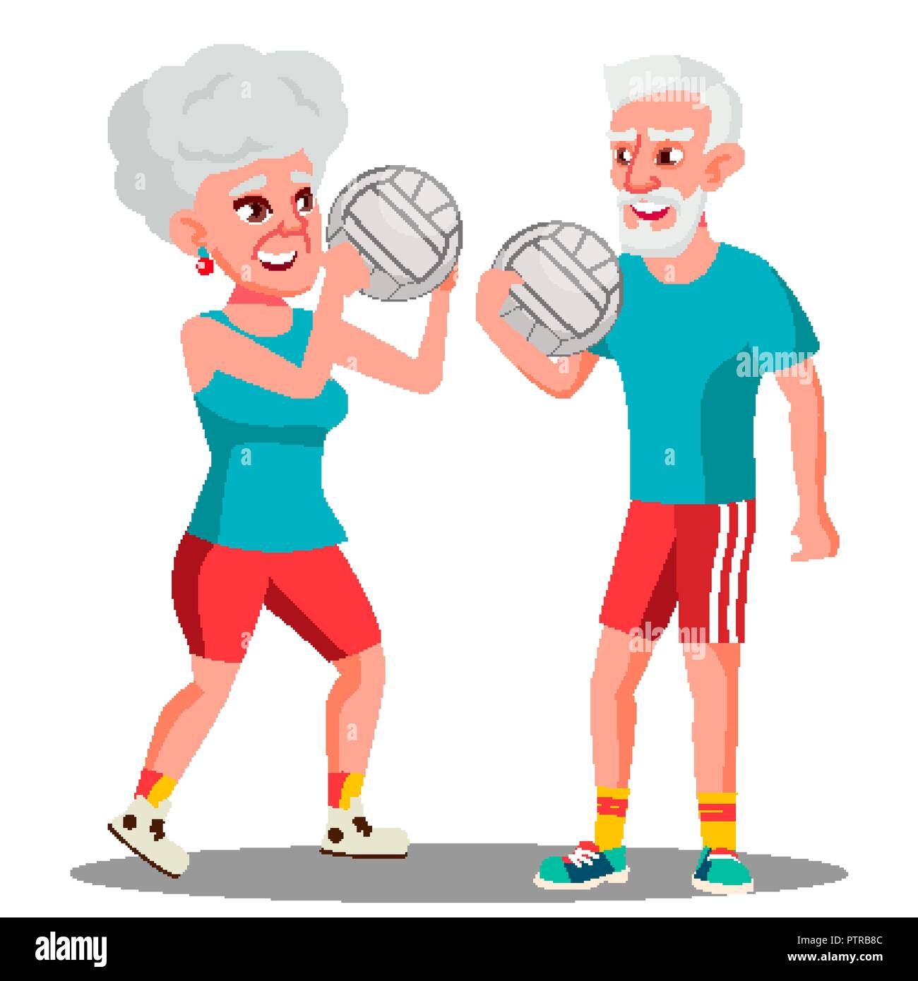 Active Elderly Man And Woman Playing Ball Vector Isolated Illustration 