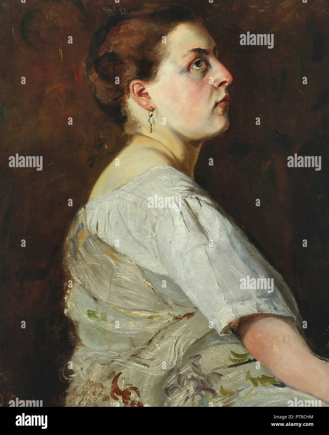 Bjorck  Gustav Oskar - Portrait of a Young Woman Wearing a Short Sleeved White Dress Stock Photo