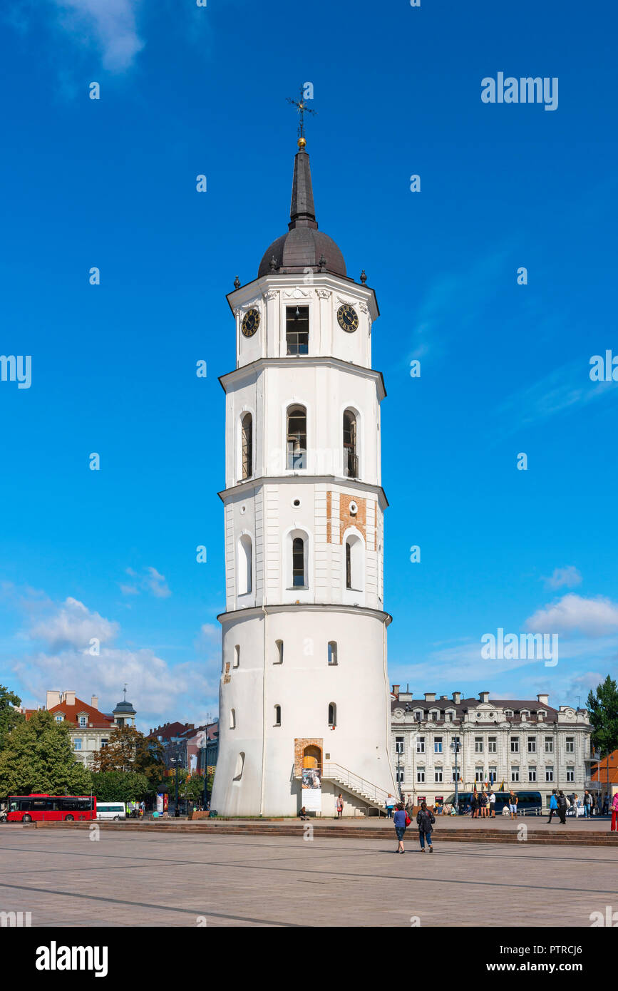Bell tower Vilnius, view of the scenic 13th century 57m tall white belfry bell tower in Cathedral Square (Katedros aikste) Vilnius Old Town, Lithuania Stock Photo