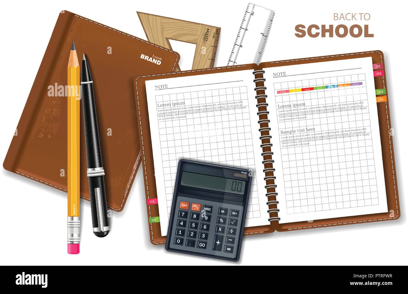 Nps Note Book Ruler School supplies Vector realistic. Calculator, note book, rulers and pen ...
