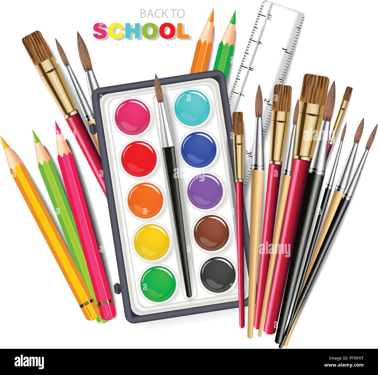 Drawing Tools Vector Realistic. Brush, Watercolor Palette, Pencils, Crayons Detailed 3D Illustration Stock Vector Image & Art - Alamy