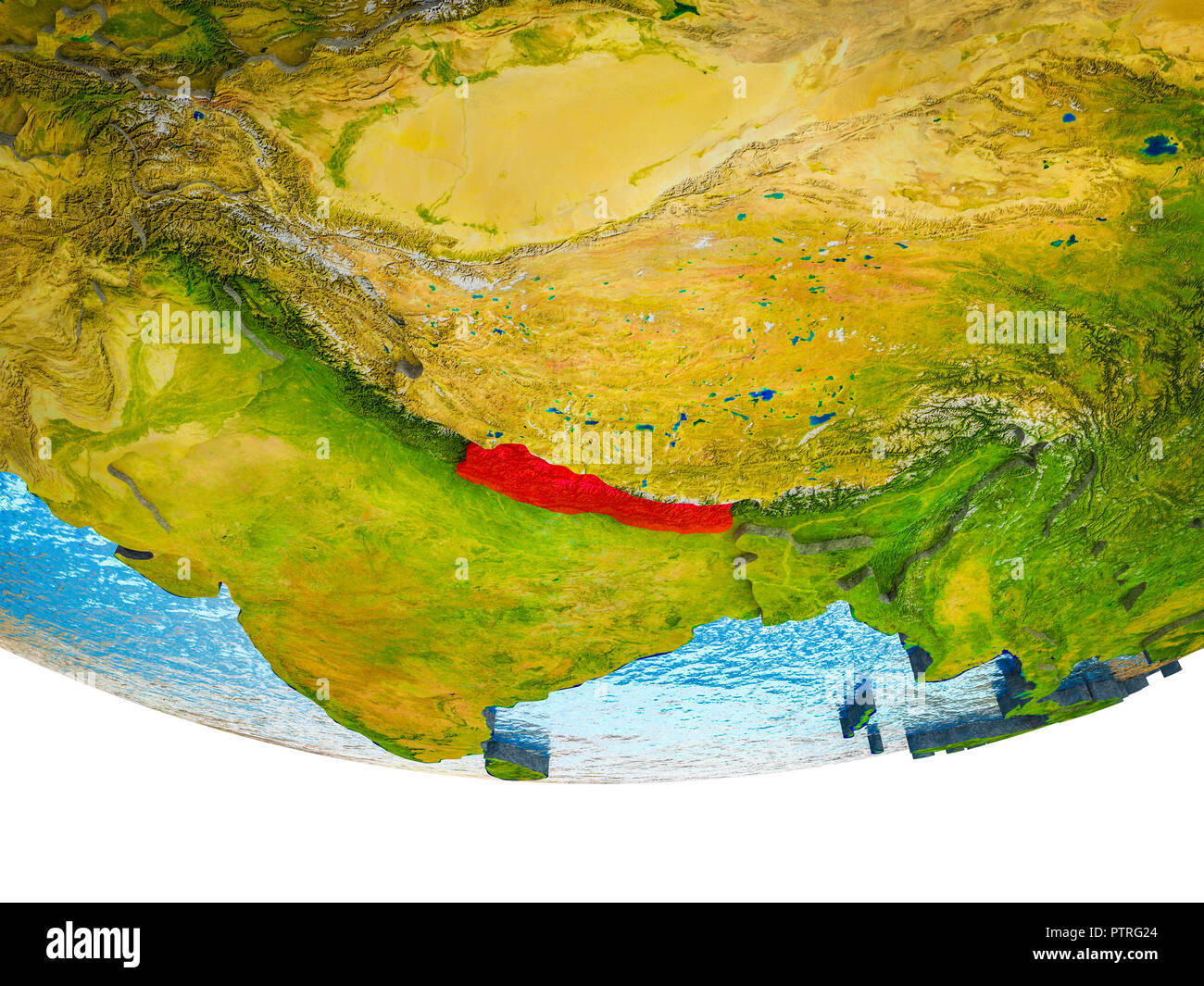 Nepal on 3D Earth with divided countries and watery oceans. 3D ...