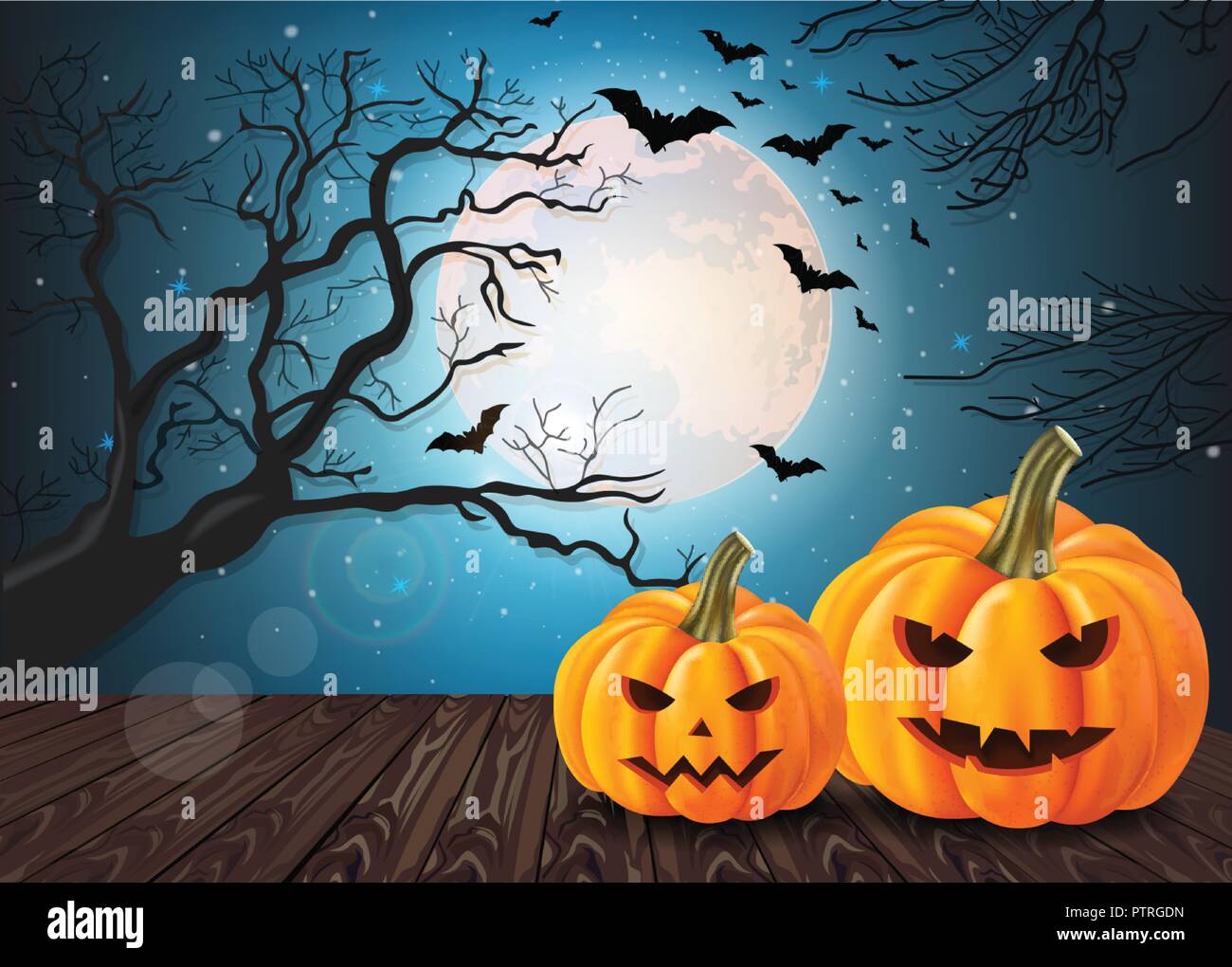 Halloween pumpkins card with full moon and bats background Vector ...