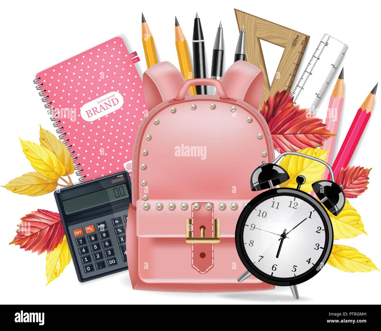 https://c8.alamy.com/comp/PTRGMH/back-to-school-card-vector-realistic-school-supplies-pink-satchel-alarm-clock-calculator-note-book-rulers-and-pen-tools-detailed-3d-illustratio-PTRGMH.jpg