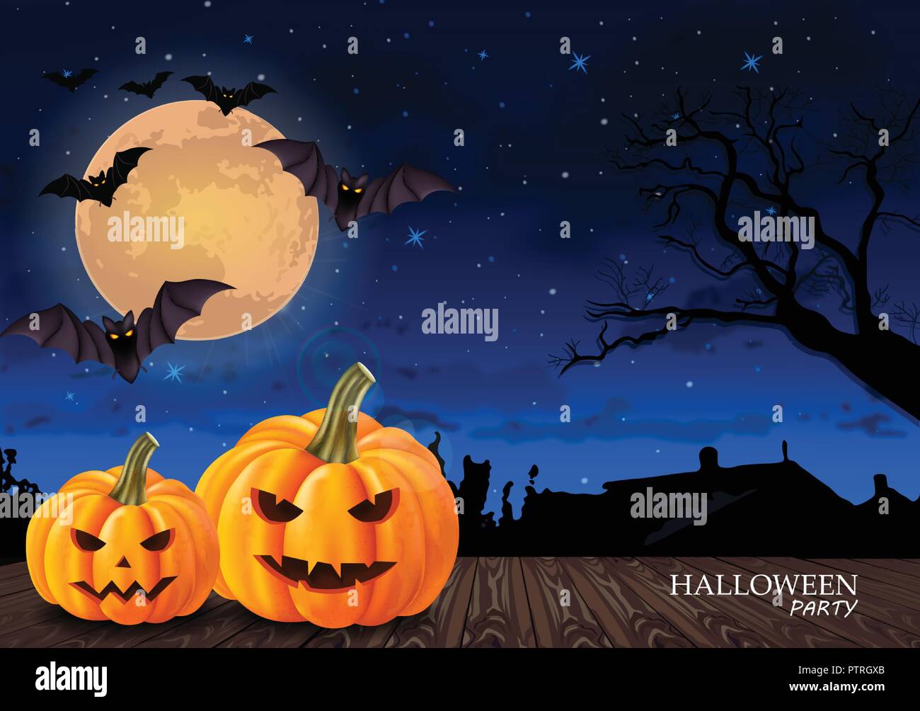 Halloween card background with full moon and pumpkins Vector ...