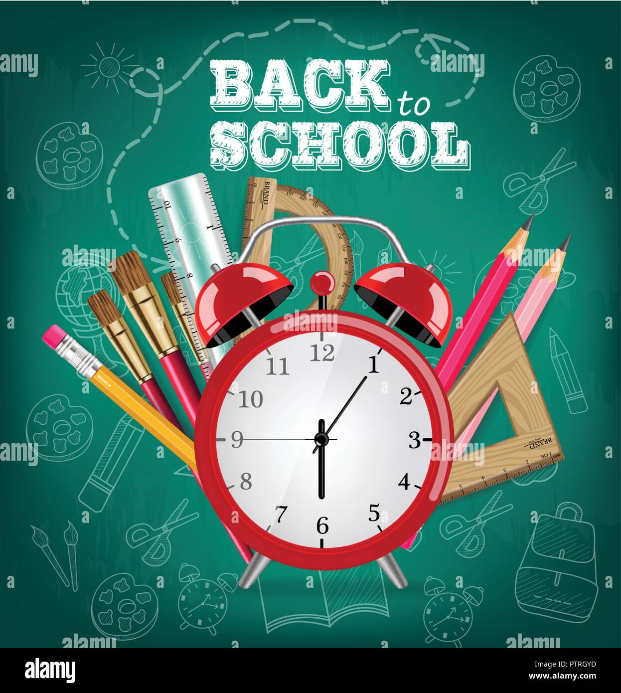 Back to school card Alarm clock and school tools Vector realistic ...