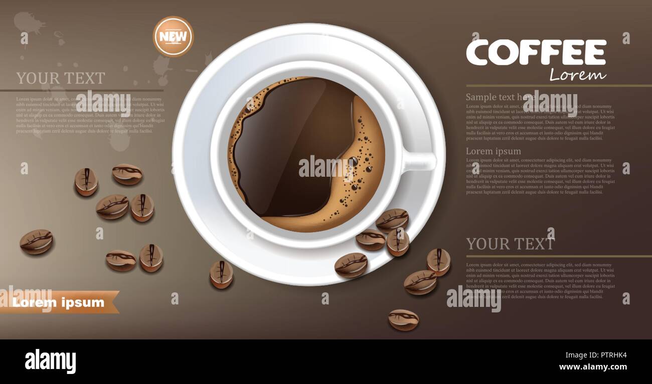 Coffee cup banner Vector realistic. Product placement mock up. Dark beans, coffee background. top view 3d illustration Stock Vector