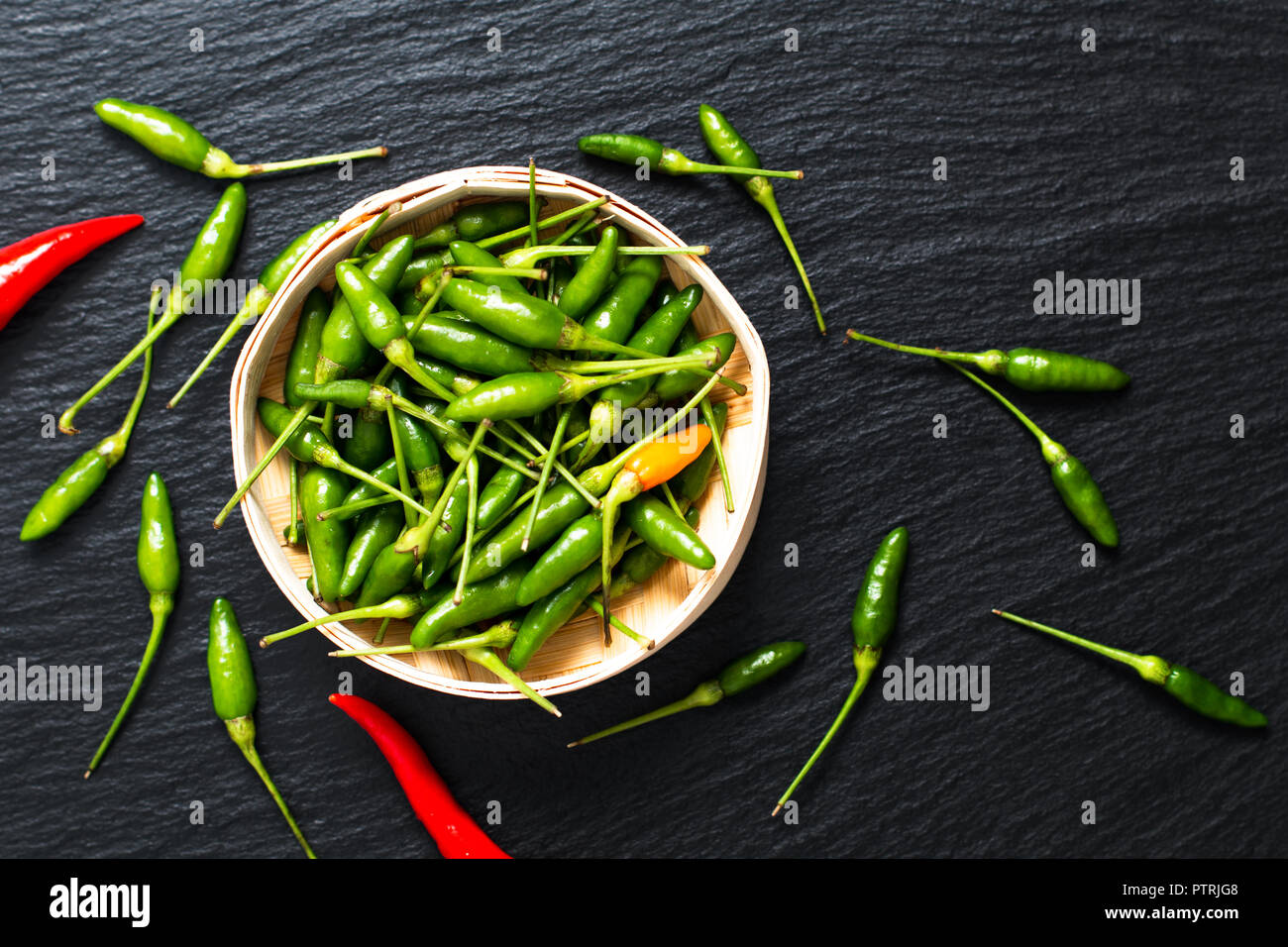Food concept Chili Padi, Bird's Eye Chili, Thai pepper and red chili on