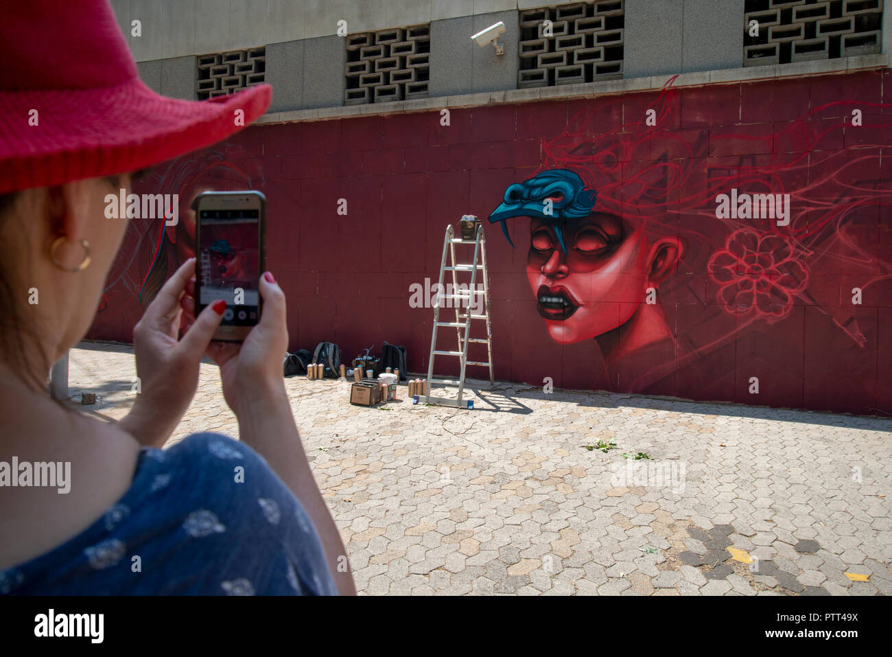 Johannesburg, South Africa, Oct. 10, 2018. A woman takes a picture with her mobile phone as the annual "City Of Gold" Urban Art Festival kicked off its graffiti street tour in Johannesburg today.  Labelled vandalism by some, the festival highlights the positive aspects of this art form and seeks to increase the appreciation for it among the general public.   These mural projects often enhance and activate sites in the Johannesburg inner-city area that are either forgotten or feared by the city's inhabitants, organizers said. Credit: Eva-Lotta Jansson/Alamy Live News Stock Photo