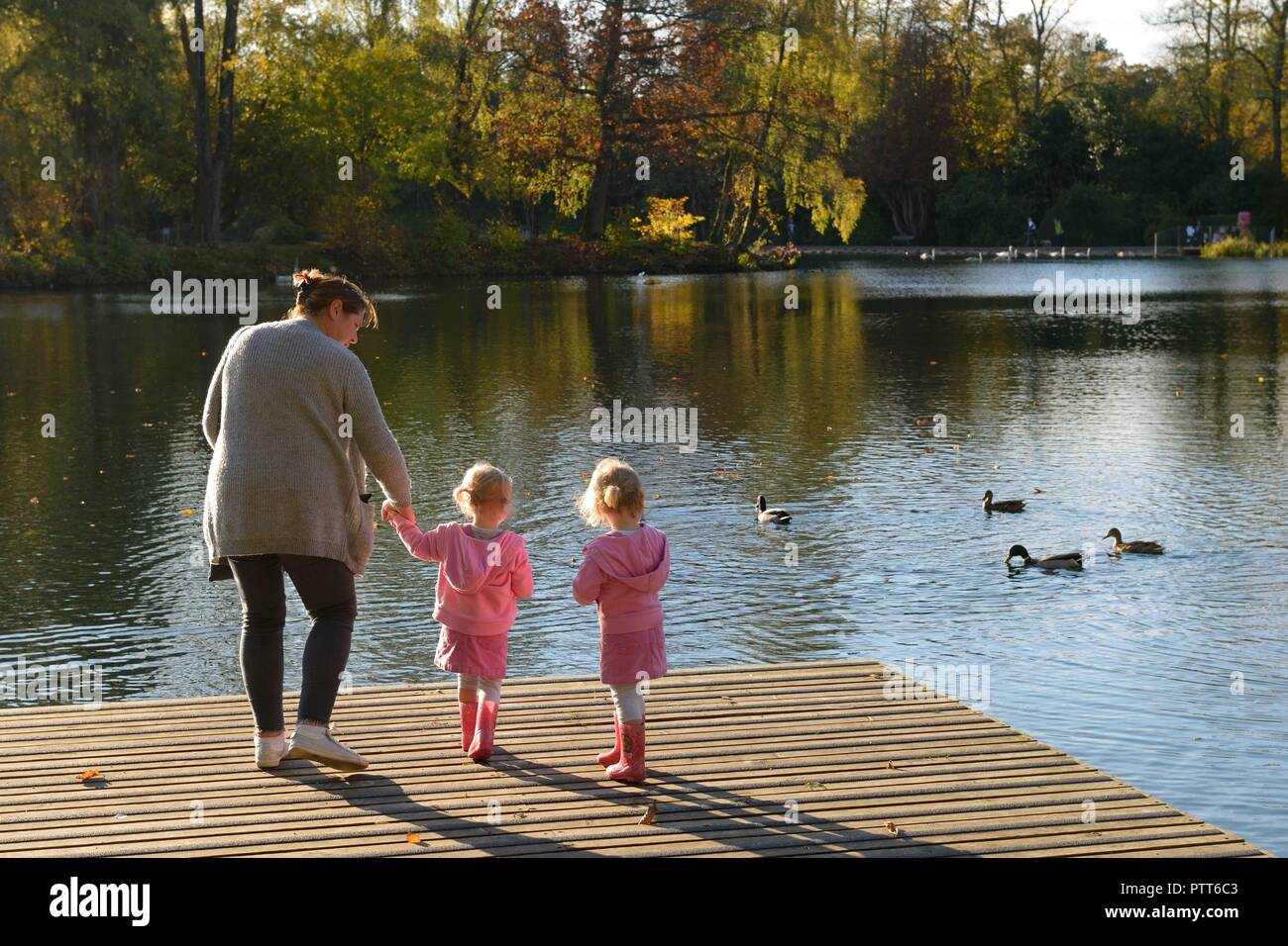 East Renfrewshire, Scotland, UK. A woman and two young girls feed the ducks from the pontoon at Rouken Glen Park on the outskirts of Glasgow. Stock Photo