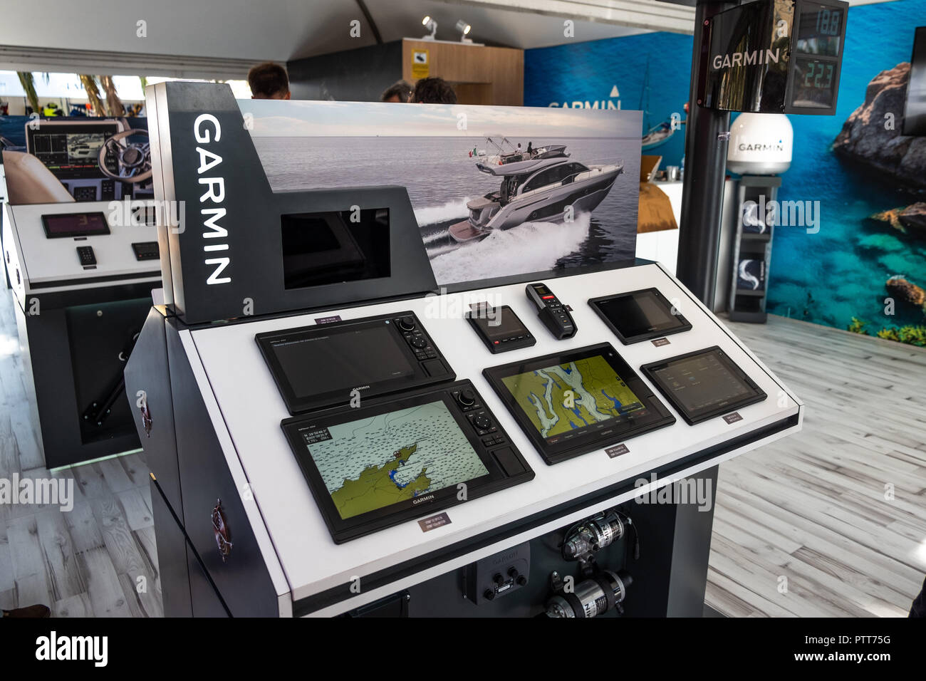 Barcelona, Catalonia, Spain. 10th Oct, 2018. New marine navigation systems  of the Garmin brands are seen during the boat show.The 57th Barcelona  International Boat Show opens its doors, with more than 700