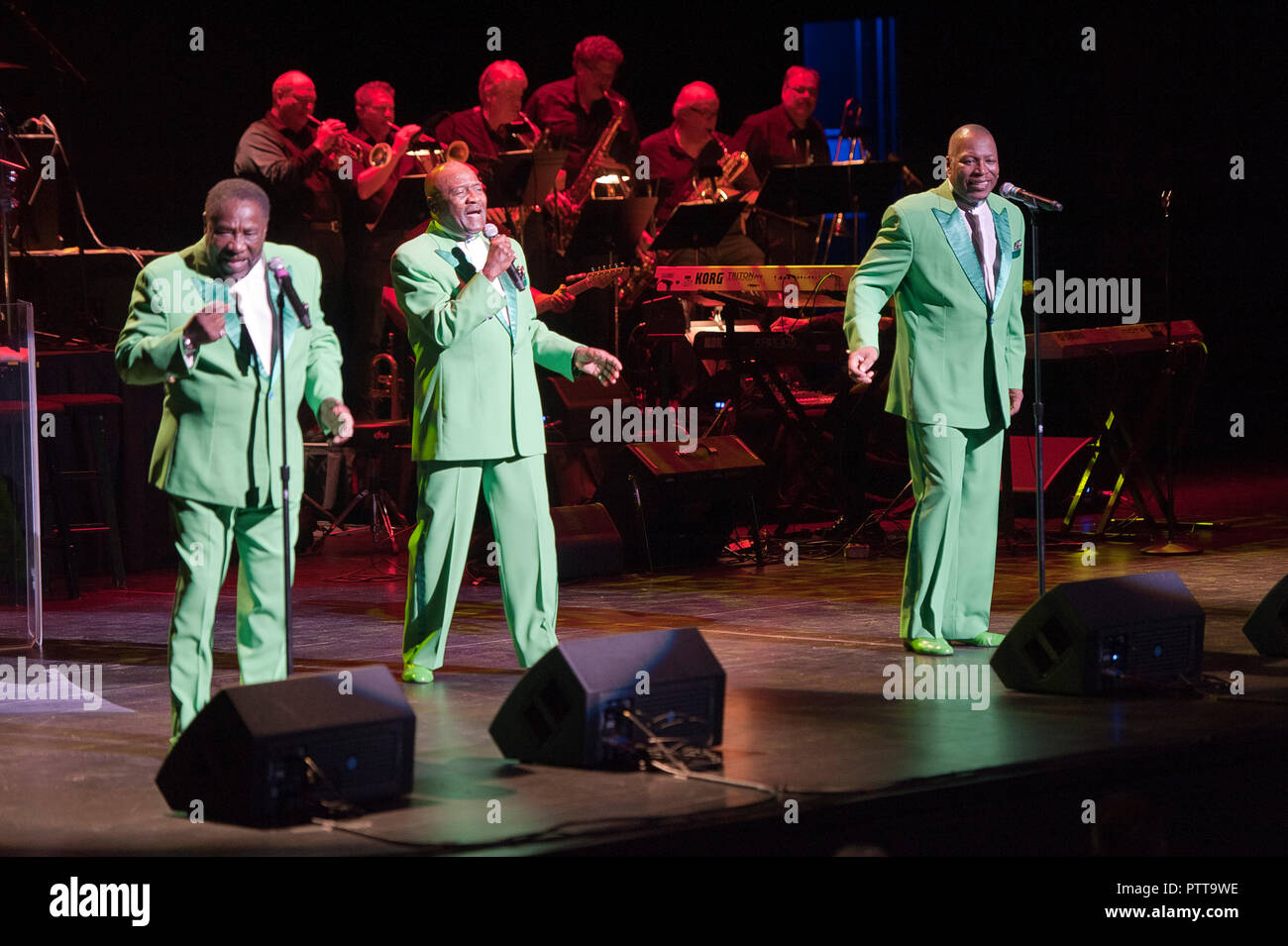 North Carolina, USA. October 10, 2018 - Wilmington, North Carolina; USA (L-R) Singer GERALD LEVERT, WALTER WILLIAMS, and ERIC GRANT of The O'Jays performs live as their 2018 tour makes a stop at The Wilson Center located Wilmington. Copyright 2018 Jason Moore. Credit: Jason Moore/ZUMA Wire/Alamy Live News Stock Photo