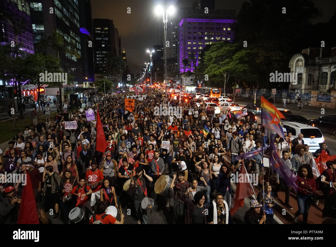 October 10, 2018 - SÃ£O Paulo, SÃ£o Paulo, Brazil - SAO PAULO SP, SP 11/10/2018 BRAZIL-ELECTION-BOLSONARO-WOMEN-PROTEST: Demonstrators take part in a protest against Brazilian right-wing presidential candidate Jair Bolsonaro, in Sao Paulo, Brazil, on October 10, 2018. - The populist ultra-conservative won 46 percent of the vote in the first round, despite detractors highlighting his contentious past comments demeaning women and gays, and speaking in favor of torture and Brazil's 1964-1985 military dictatorship. Brazil will hold the run-off presidential election next October 28. (Credit Image: Stock Photo