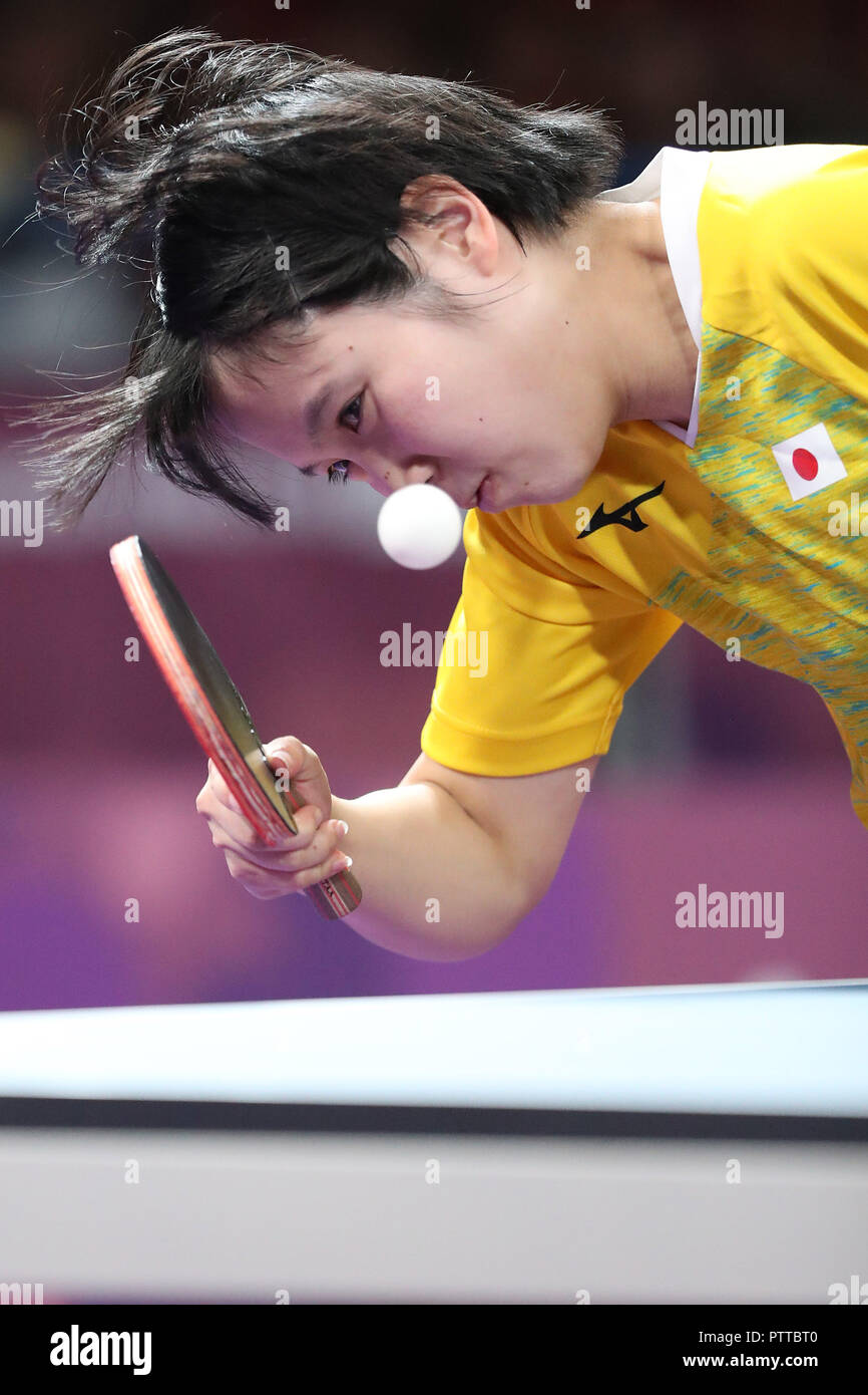 Buenos Aires. 10th Oct, 2018. Hirano Miu of Japan serves during the