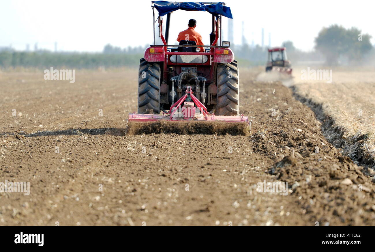 Xingtai, China's Hebei Province. 11th Oct, 2018. A farmer operates an agricultural machinery to plow the field in Xingtai, north China's Hebei Province, Oct. 11, 2018. Local farmers are busy with the wheat planting work these days. Credit: Zhu Xudong/Xinhua/Alamy Live News Stock Photo