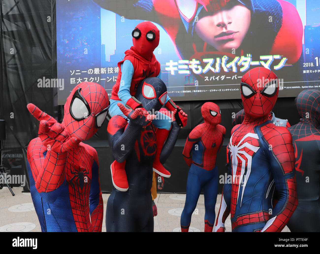 Tokyo Japan 11th Oct 18 Spider Man Cosplayers Pose For Photo As 24 Spider Man Gathered For The Promotion Of Sony Pictures Movie Spider Verse Which Will Be Screening Next Year At The Hibiya Cinema